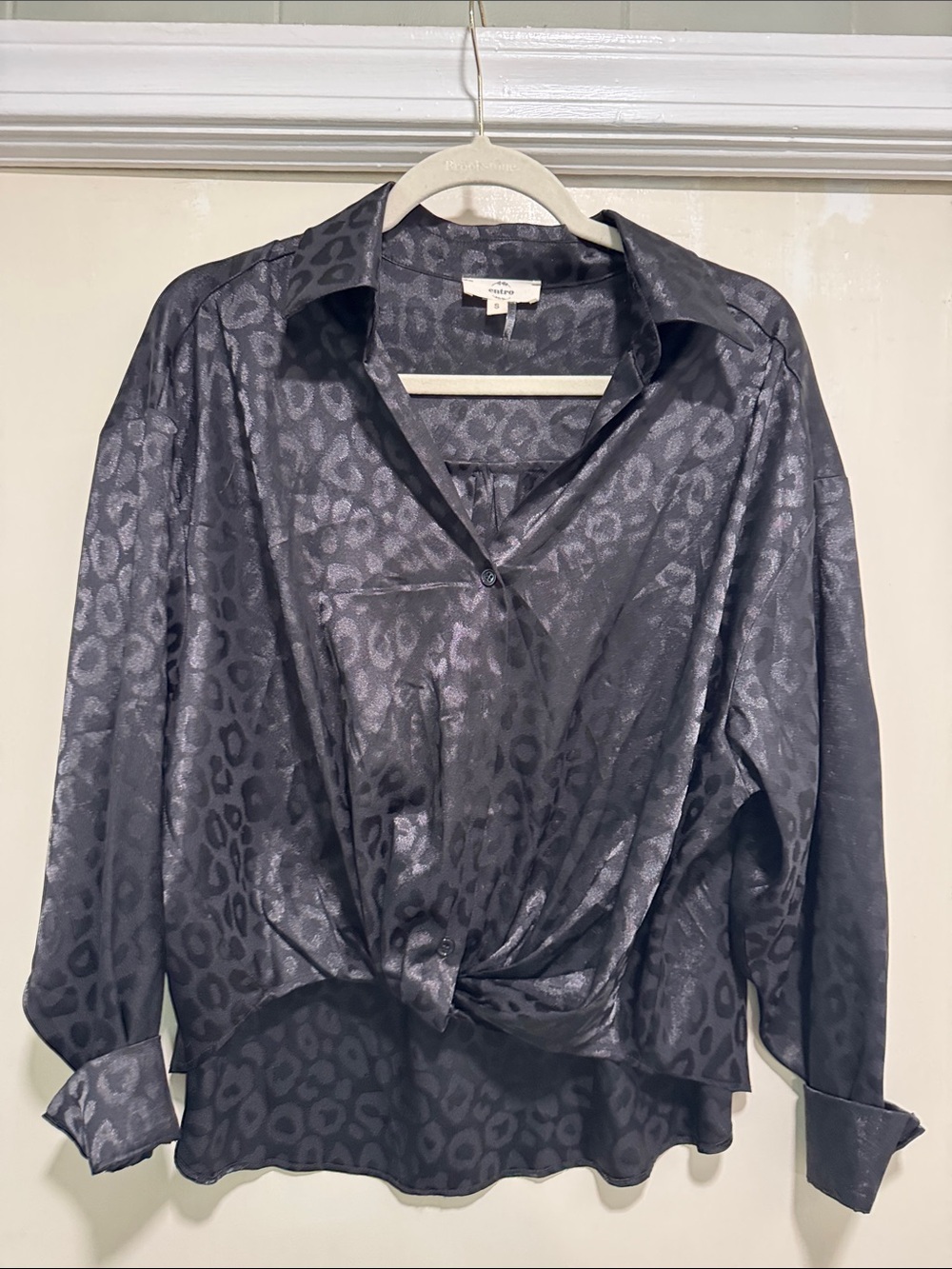 entro Charcoal Satin Leopard-Print Button-Down Blouse
